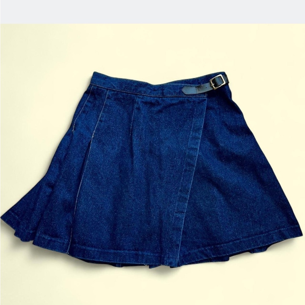 Vintage Express pleated denim mini skirt with leather + gold belt
